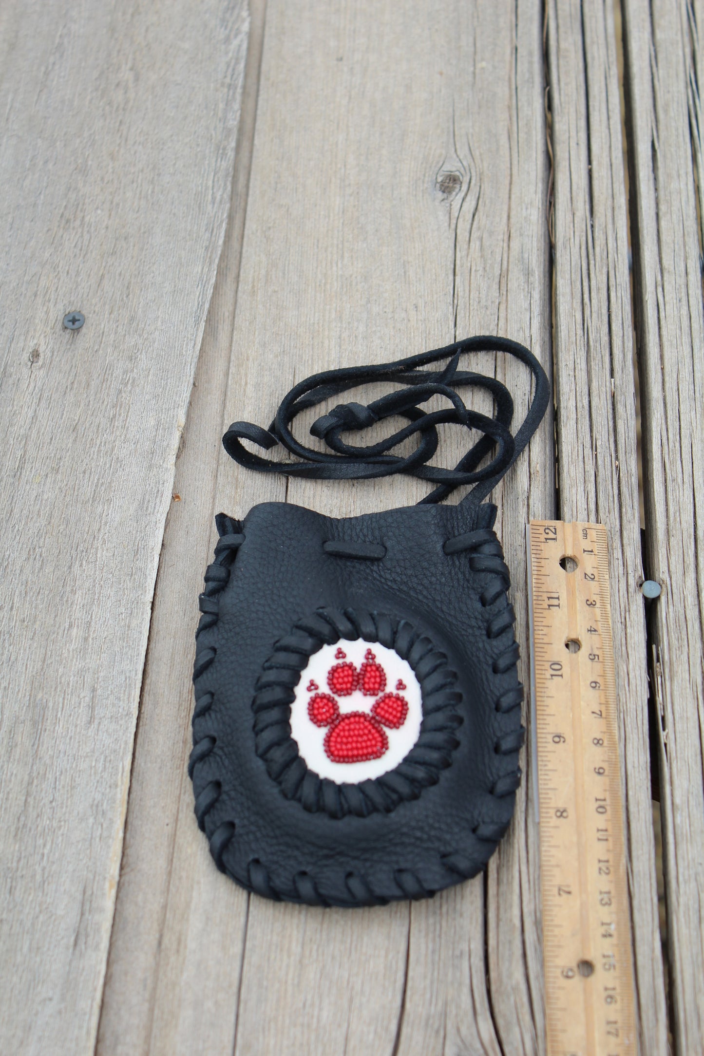 Beaded wolf paw medicine bag, leather medicine pouch