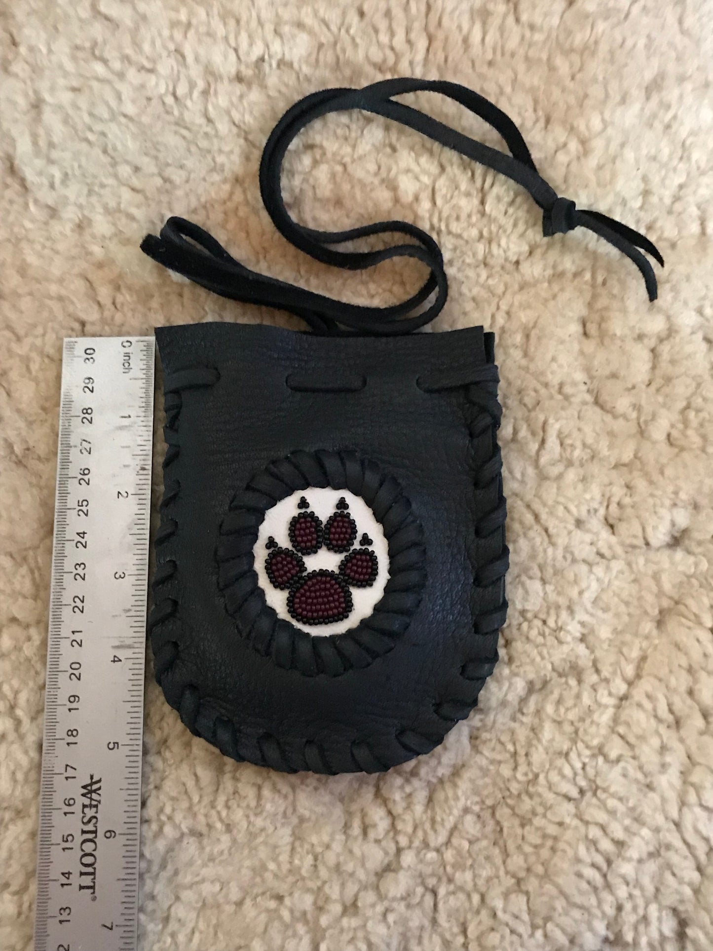 Black beaded wolf paw bag, beaded medicine bag