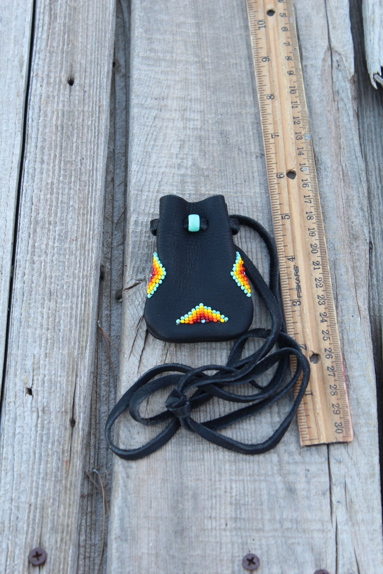 beaded medicine bag, black leather pouch