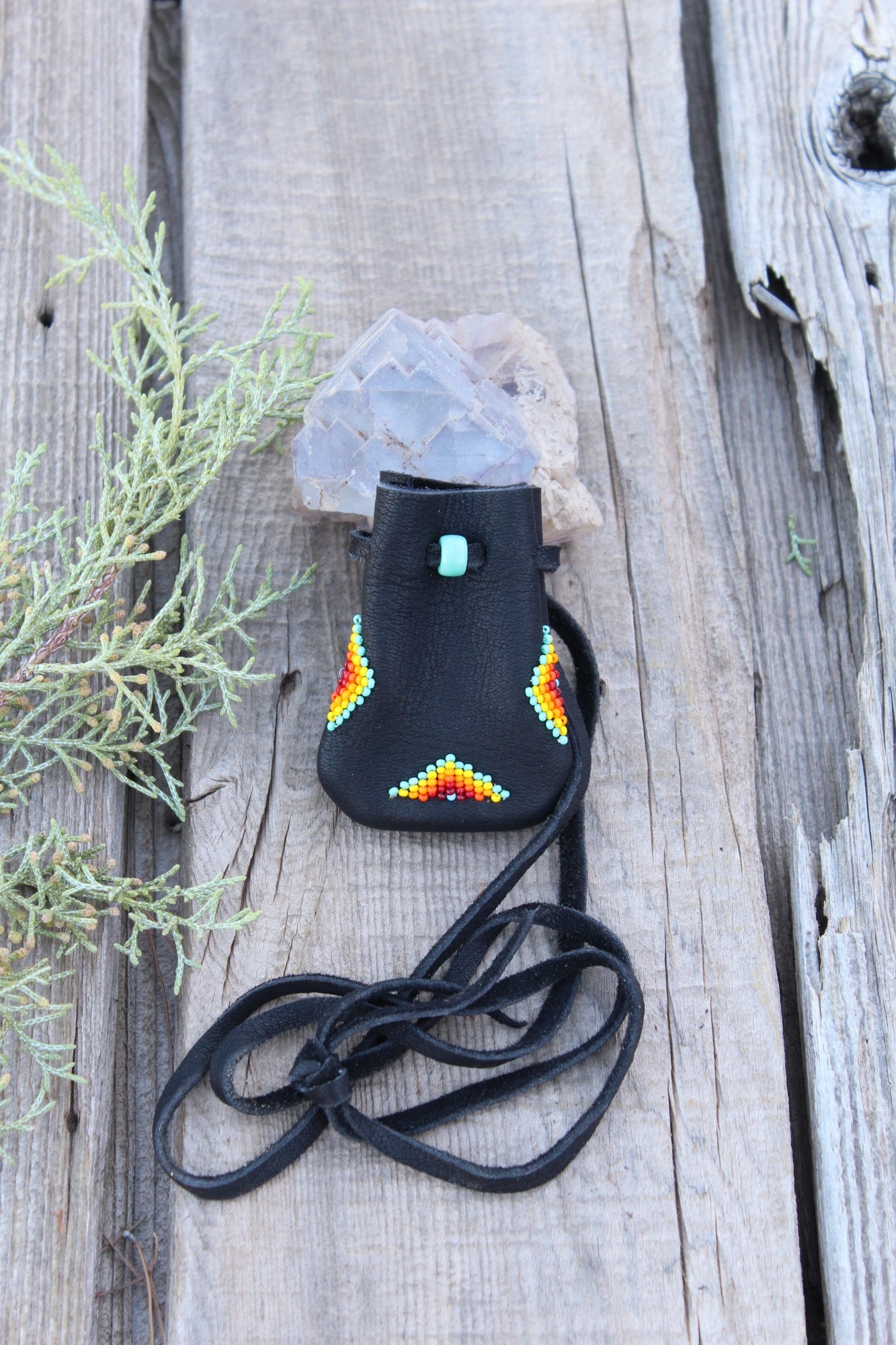 beaded medicine bag, black leather pouch