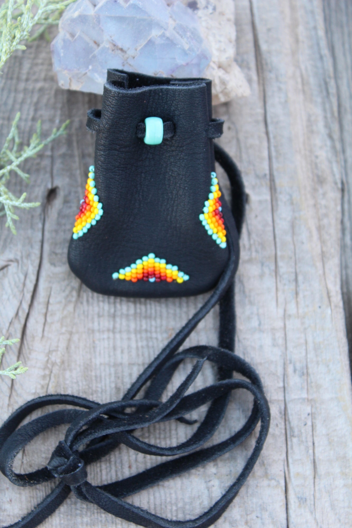 beaded medicine bag, black leather pouch