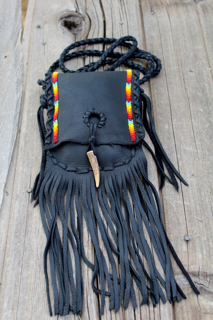 Black beaded handbag, fringed leather purse, crossbody bag