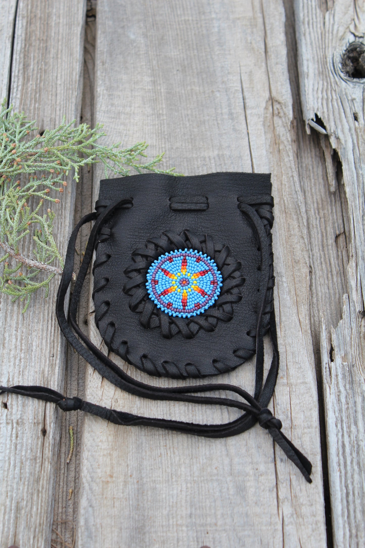 black beaded medicine bag, leather pouch
