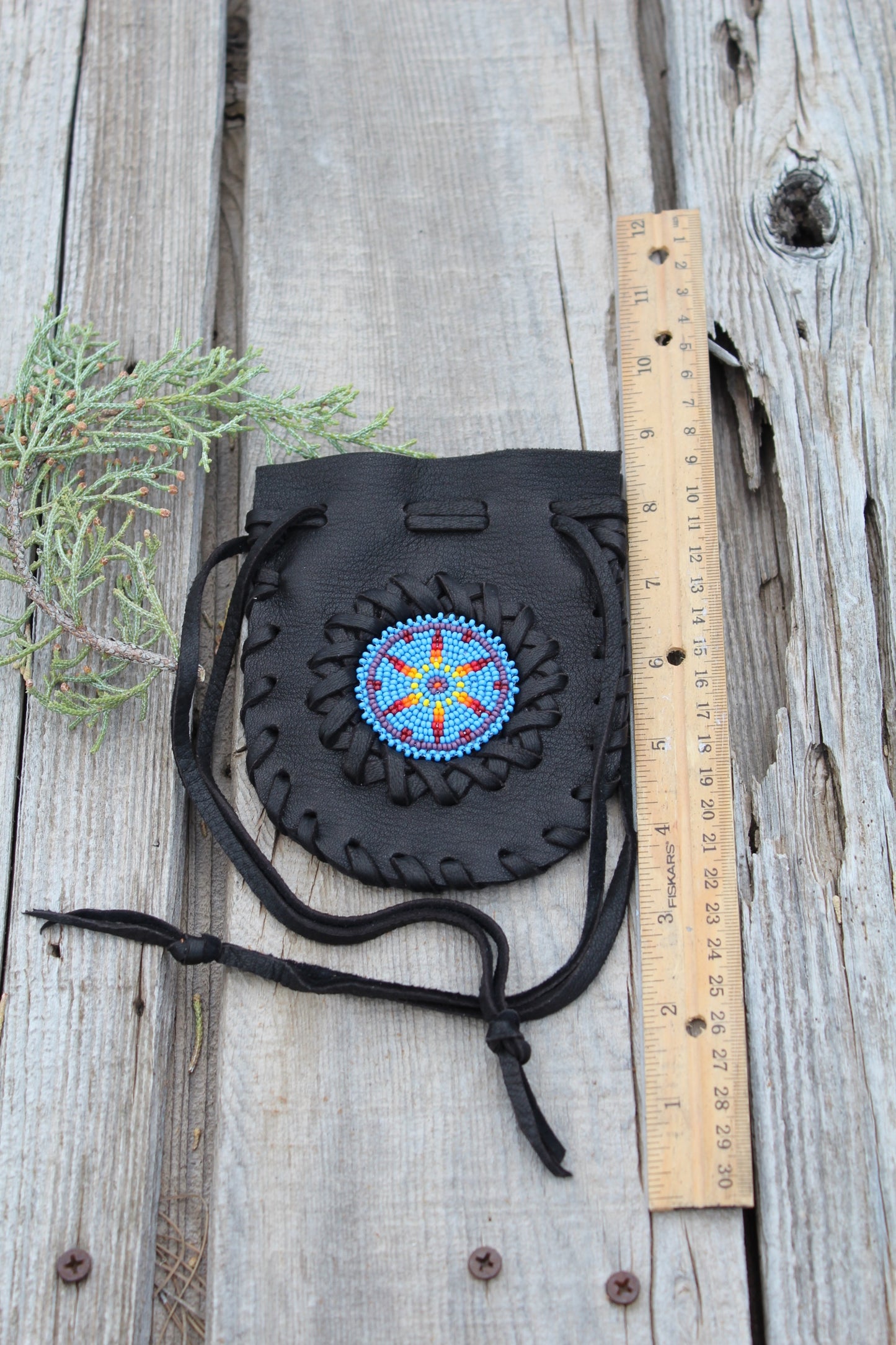 black beaded medicine bag, leather pouch