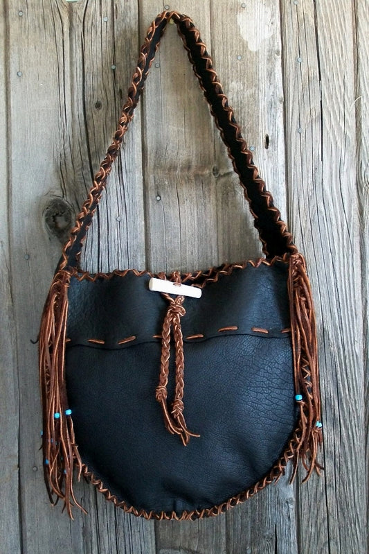 Black buffalo leather tote, large tote handbag
