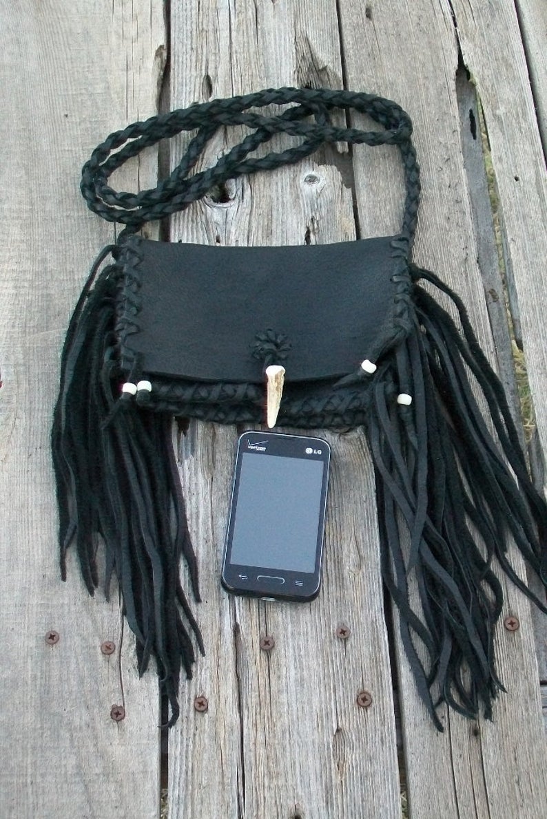 Black leather handbag, fringed leather purse