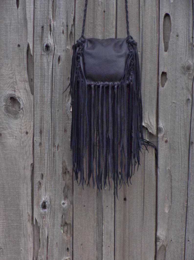 Black leather fringed handbag , bohemian style purse
