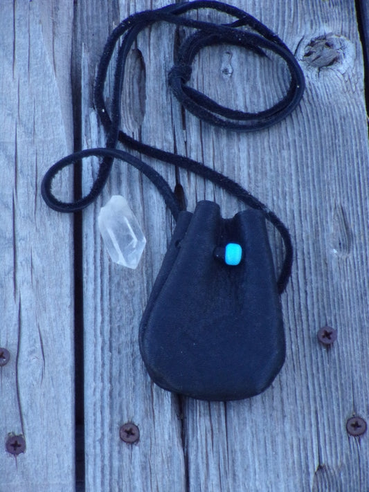 Black amulet bag, buckskin medicine pouch, crystal pouch, necklace bag