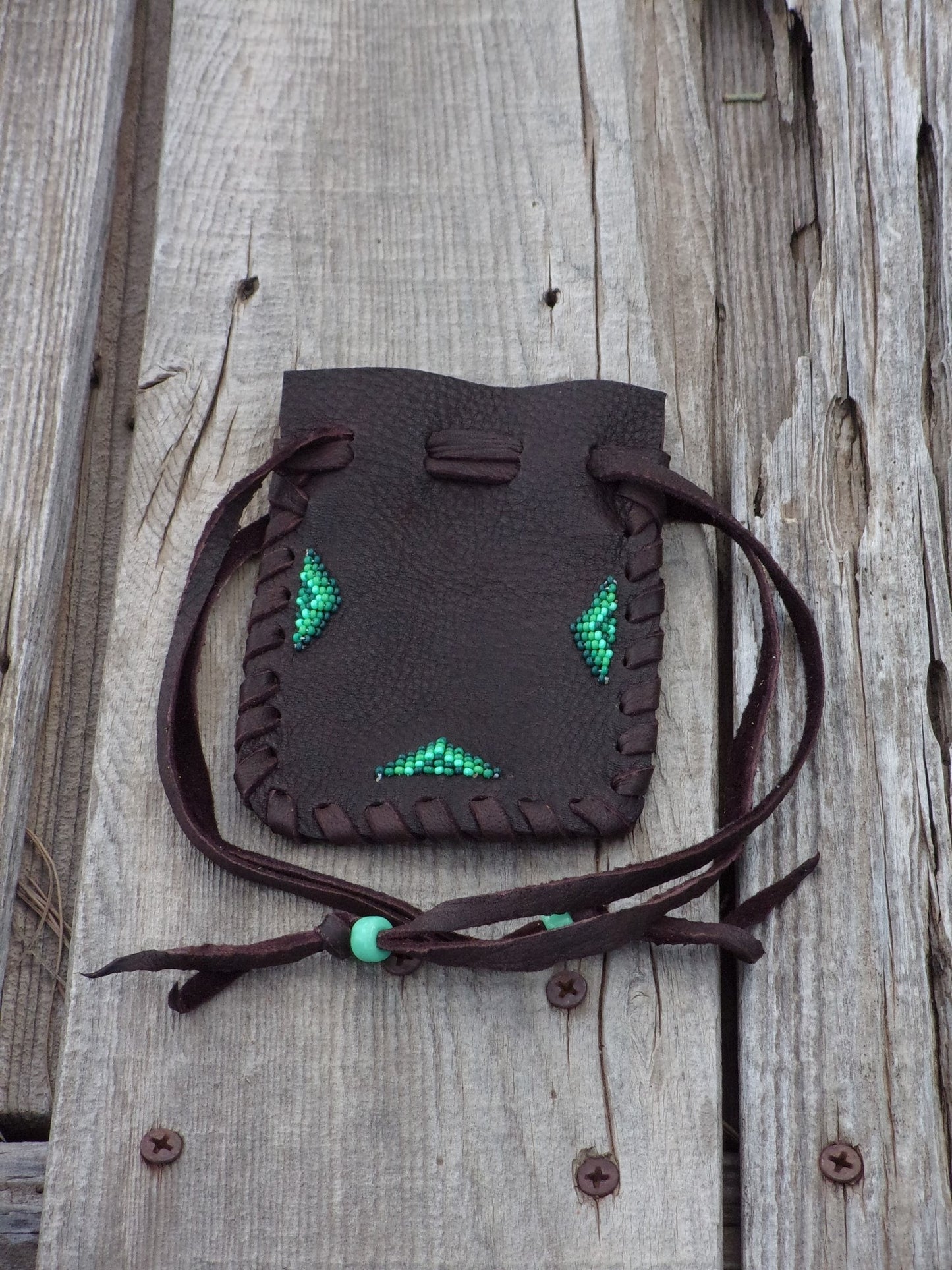 Beaded medicine bag, leather drawstring pouch