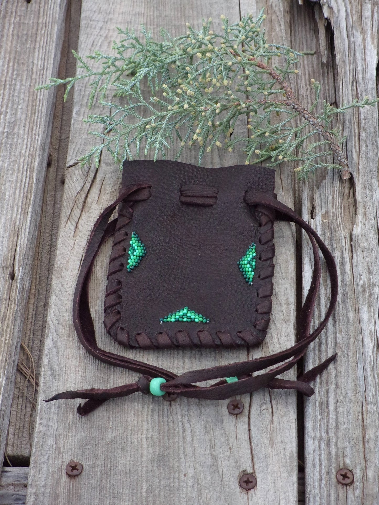 Beaded medicine bag, leather drawstring pouch