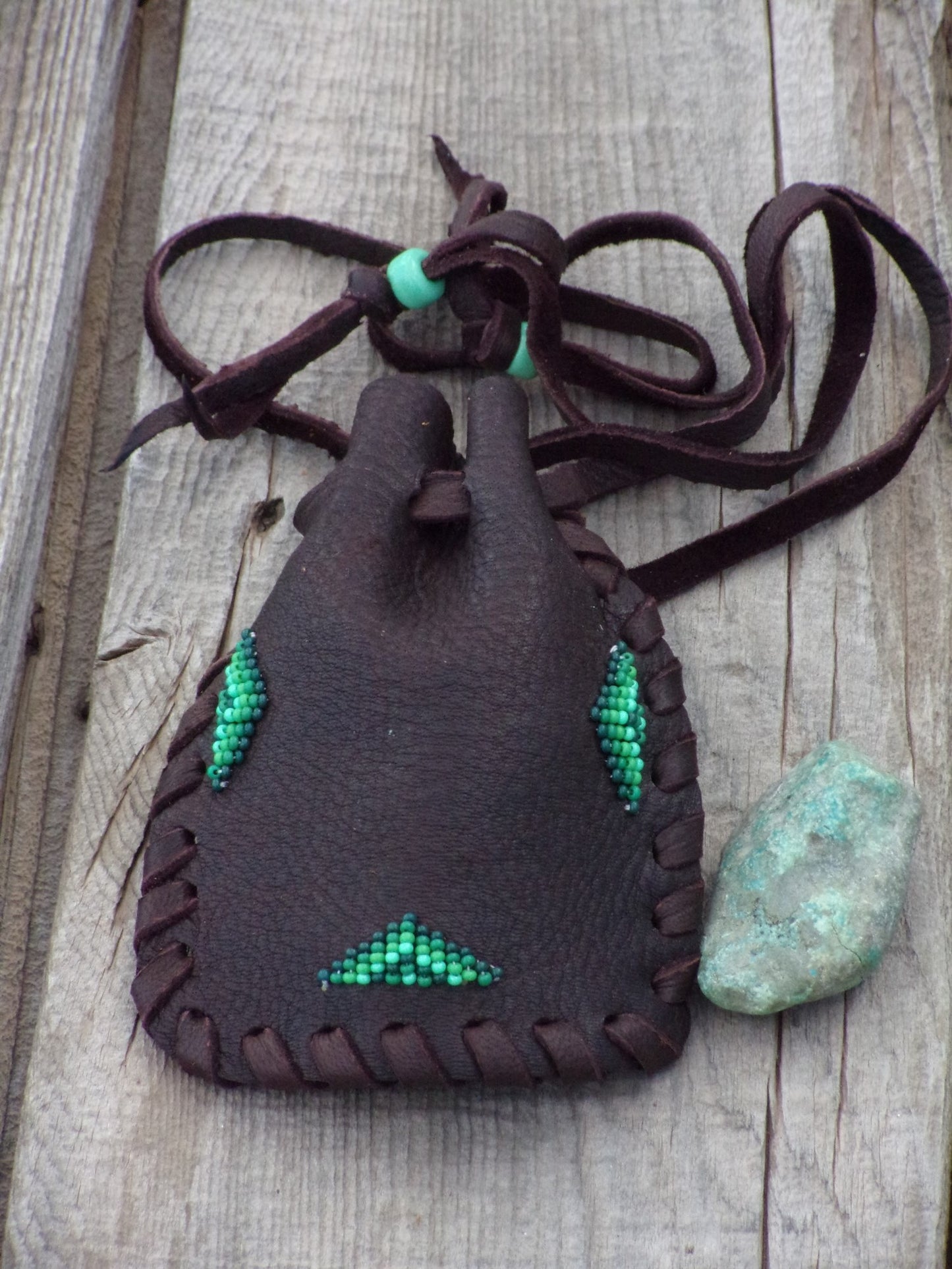 Beaded medicine bag, leather drawstring pouch