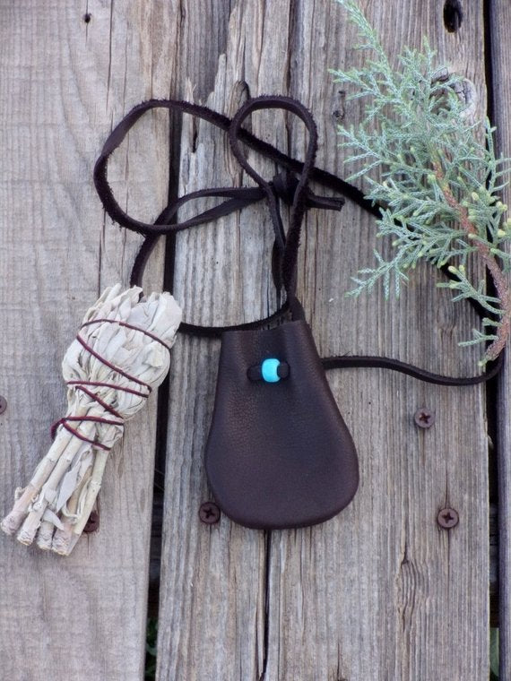 Brown medicine bag, leather necklace bag