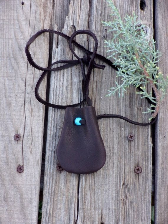 Brown medicine bag, leather necklace bag