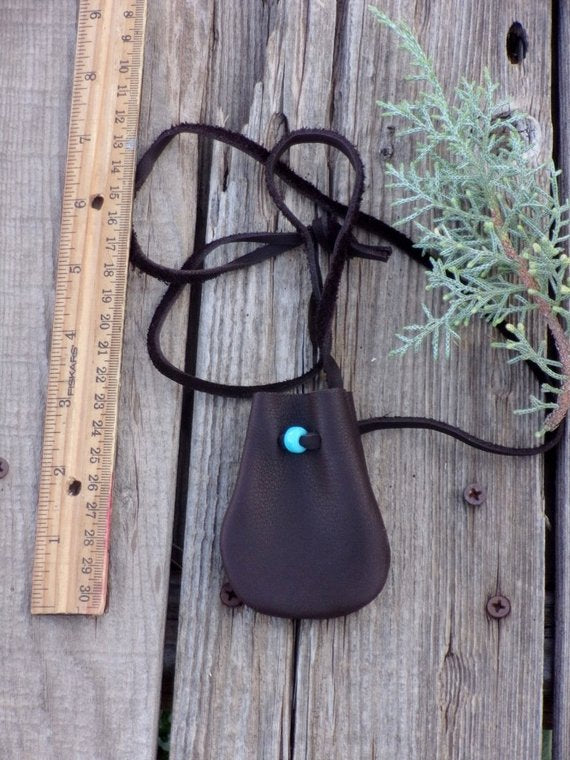 Brown medicine bag, leather necklace bag