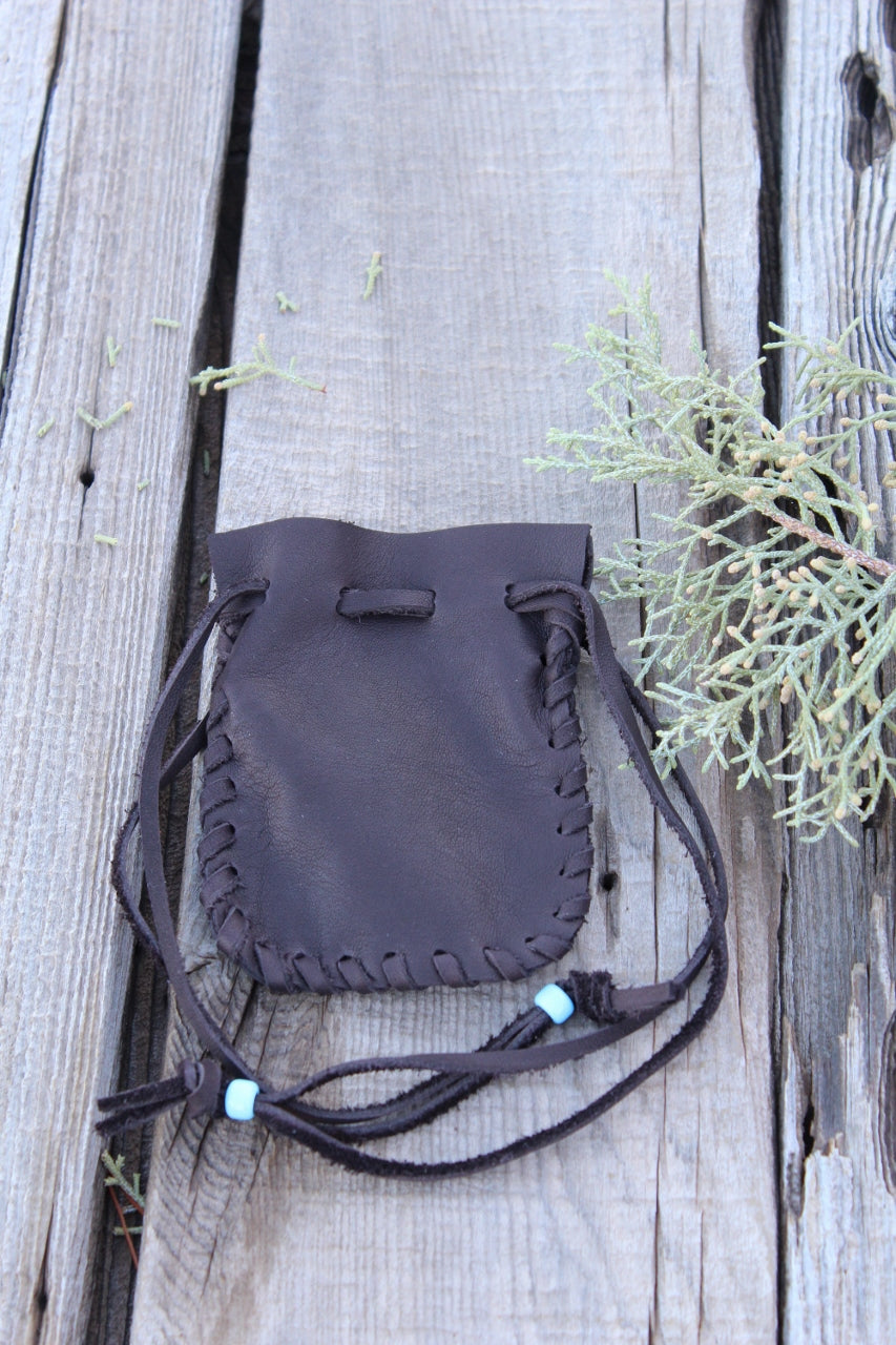 Leather drawstring pouch, brown leather crystal pouch, amulet bag