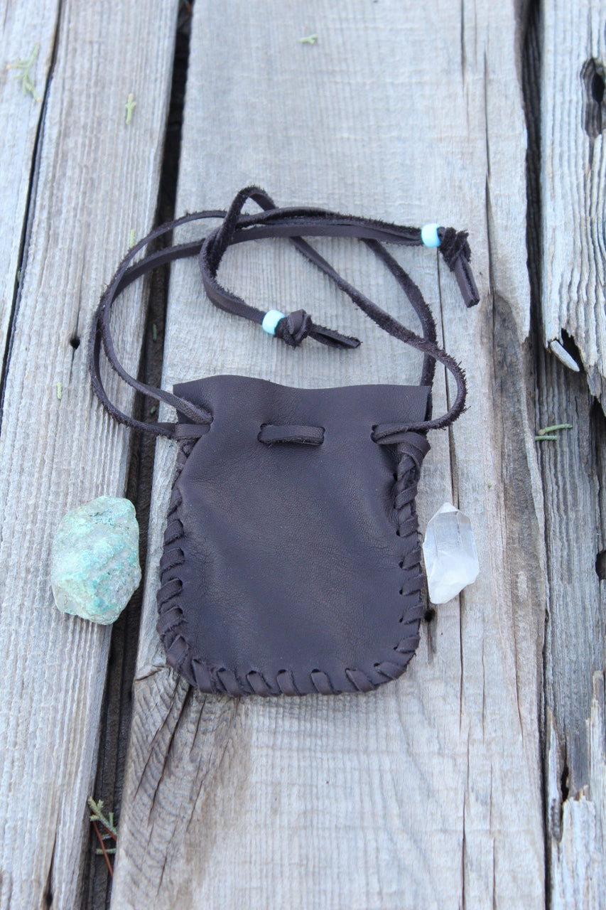 Leather drawstring pouch, brown leather crystal pouch, amulet bag