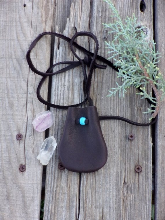 Brown medicine bag, leather necklace bag