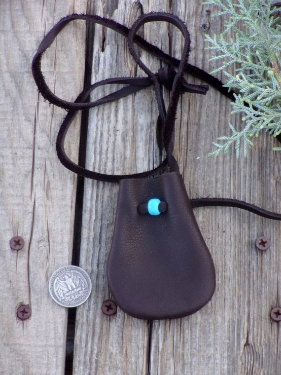 Brown medicine bag, leather necklace bag