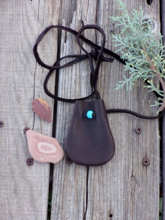 Brown medicine bag, leather necklace bag