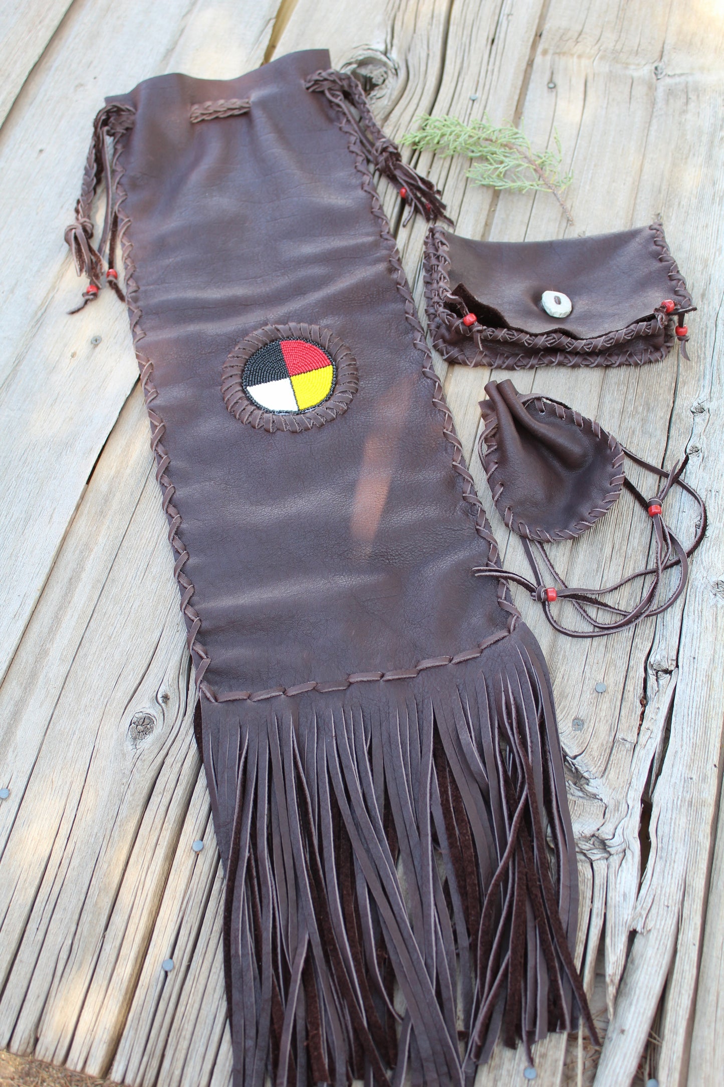 Buffalo leather pipe bag set, four directions beadwork