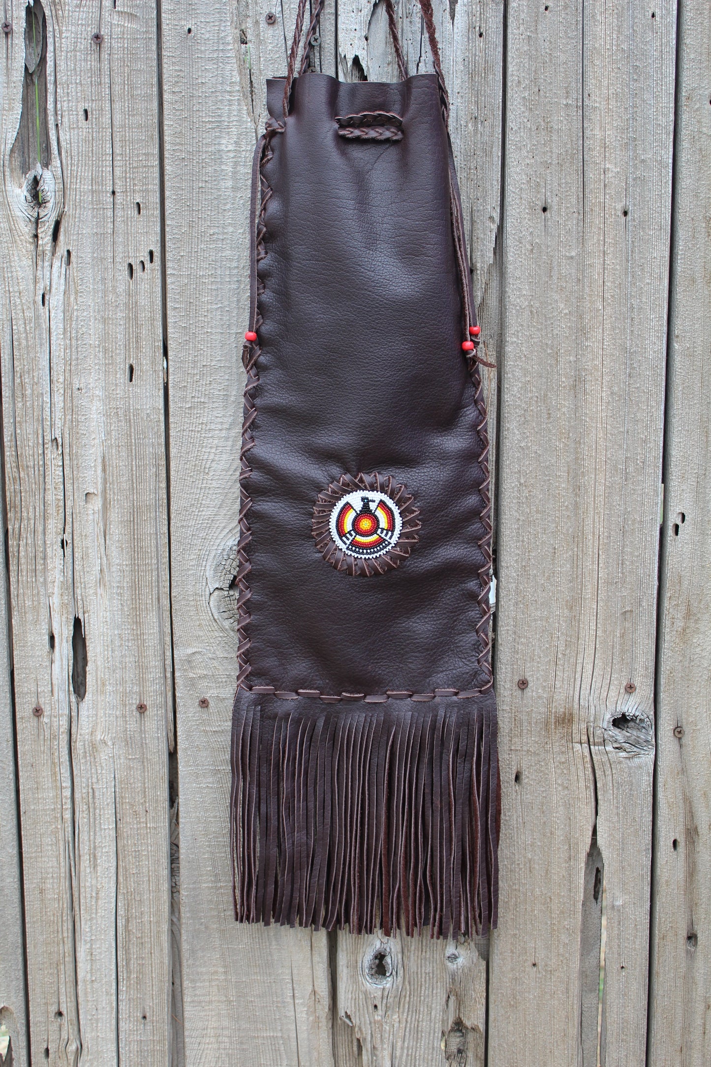 Brown buffalo leather pipe bag set , fringed beaded Thunderbird buffalo bag