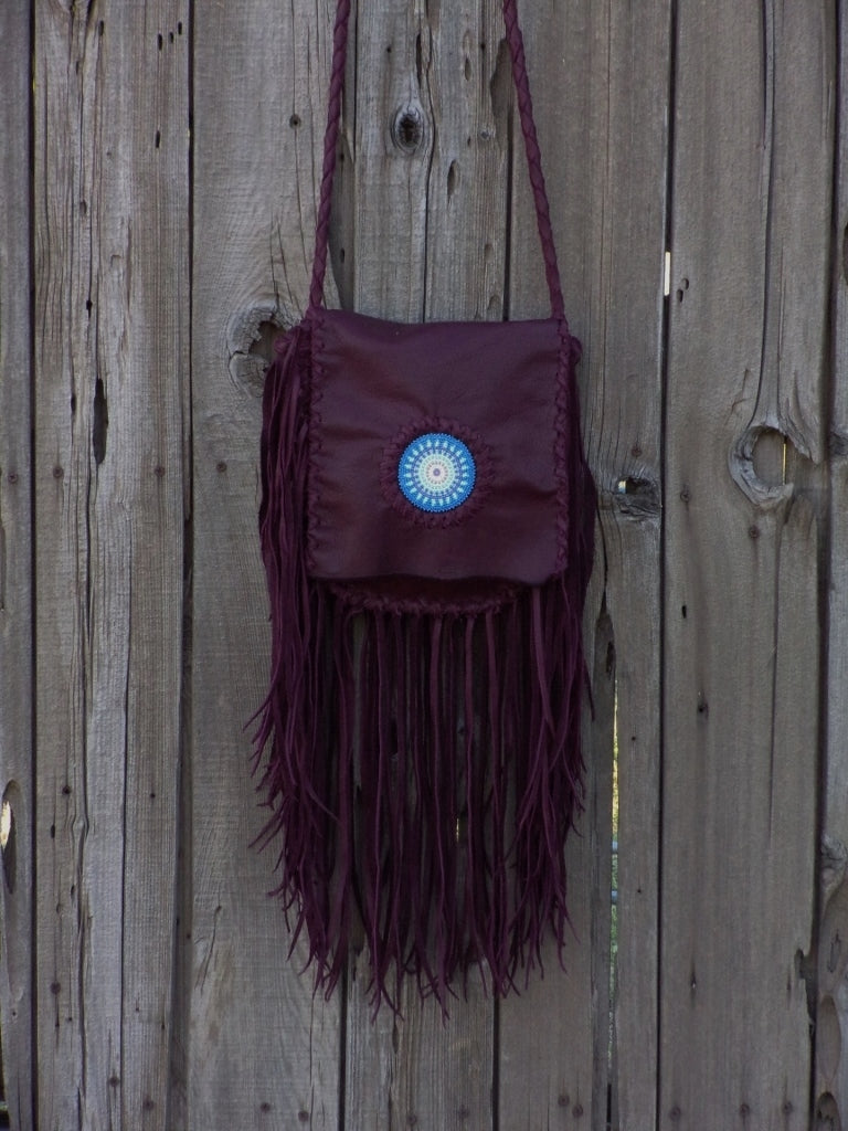 Beaded burgundy boho handbag , fringed leather purse