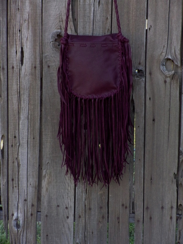 Beaded burgundy boho handbag , fringed leather purse