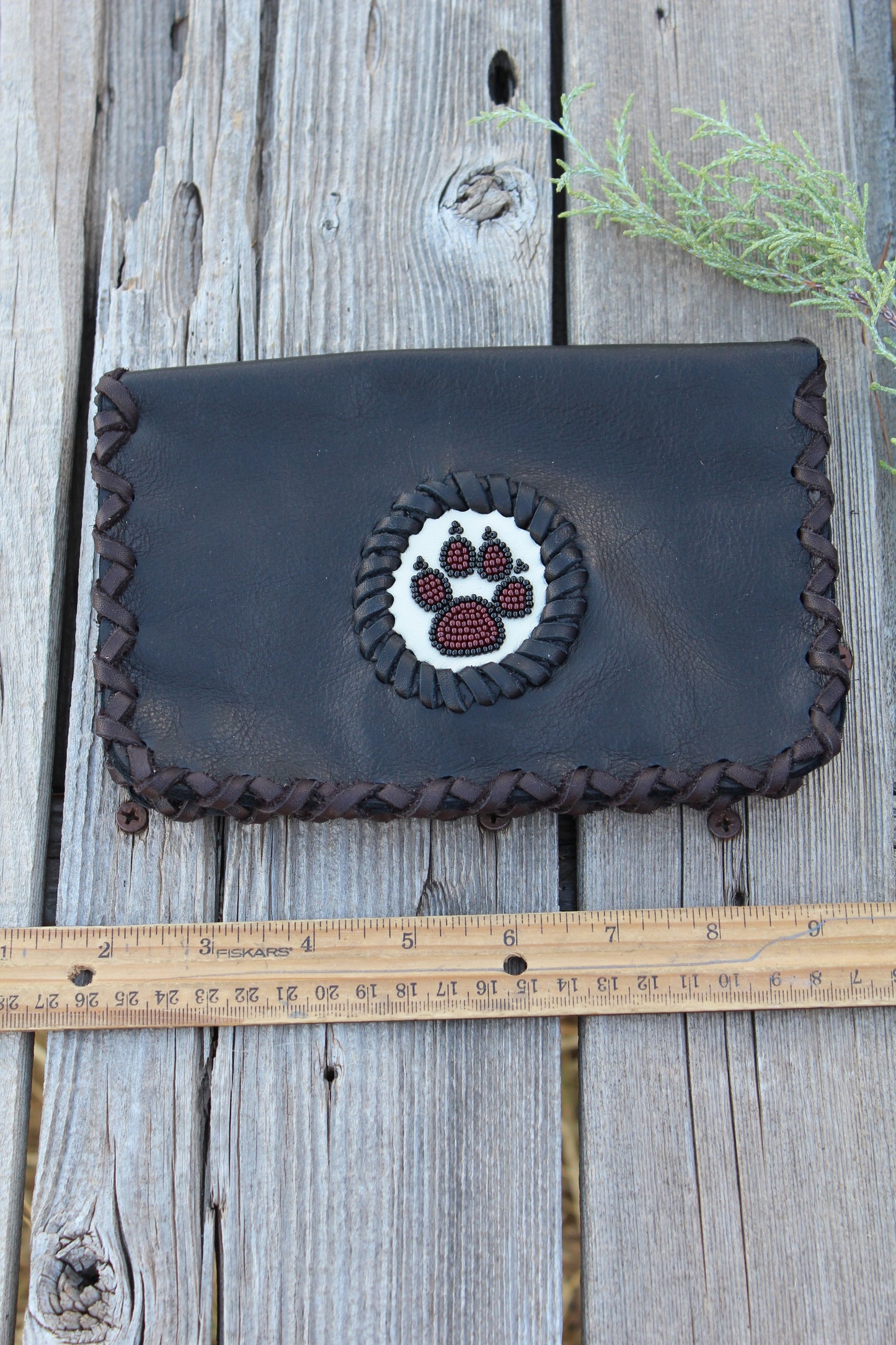 Leather phone case, beaded wolf paw phone case