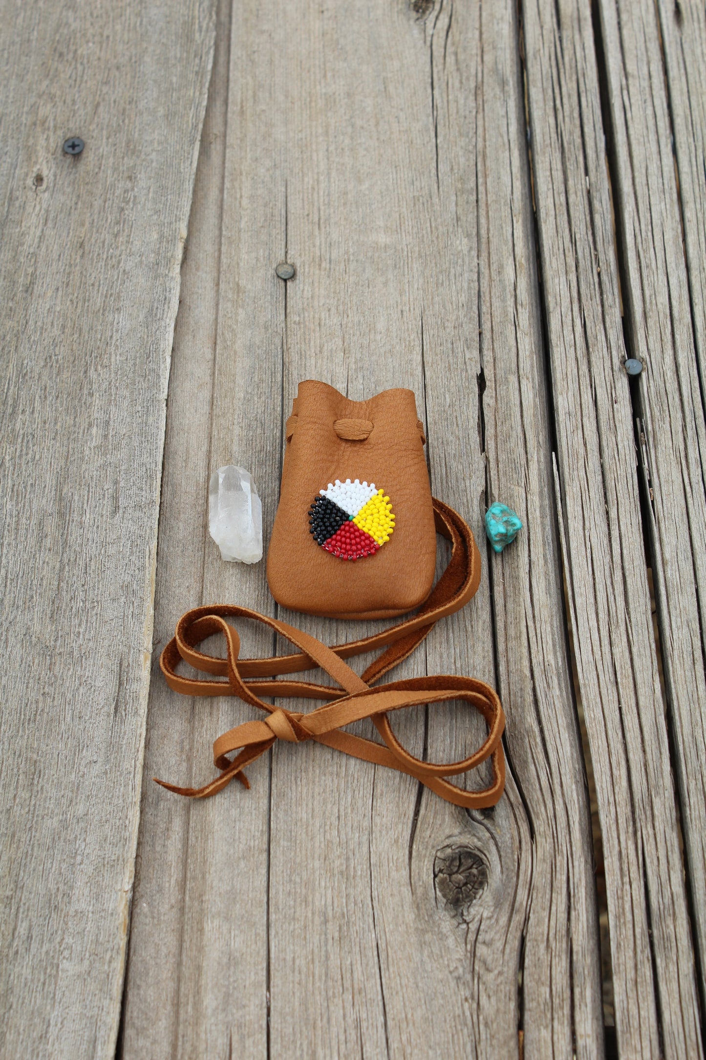 Beaded four directions buckskin medicine bag, shamans bag, necklace bag