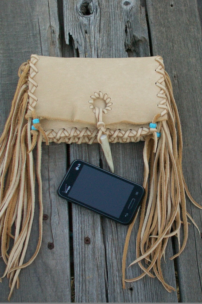 Leather clutch with fringe , handmade leather clutch