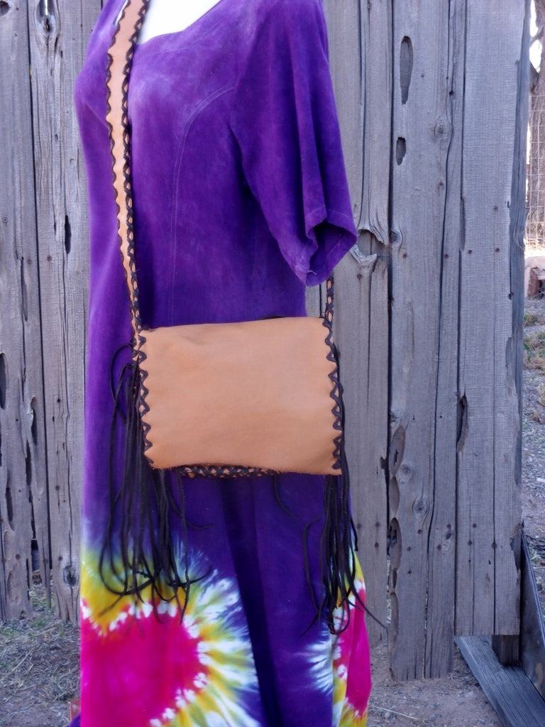 Leather crossbody handbag with fringe, leather boho purse