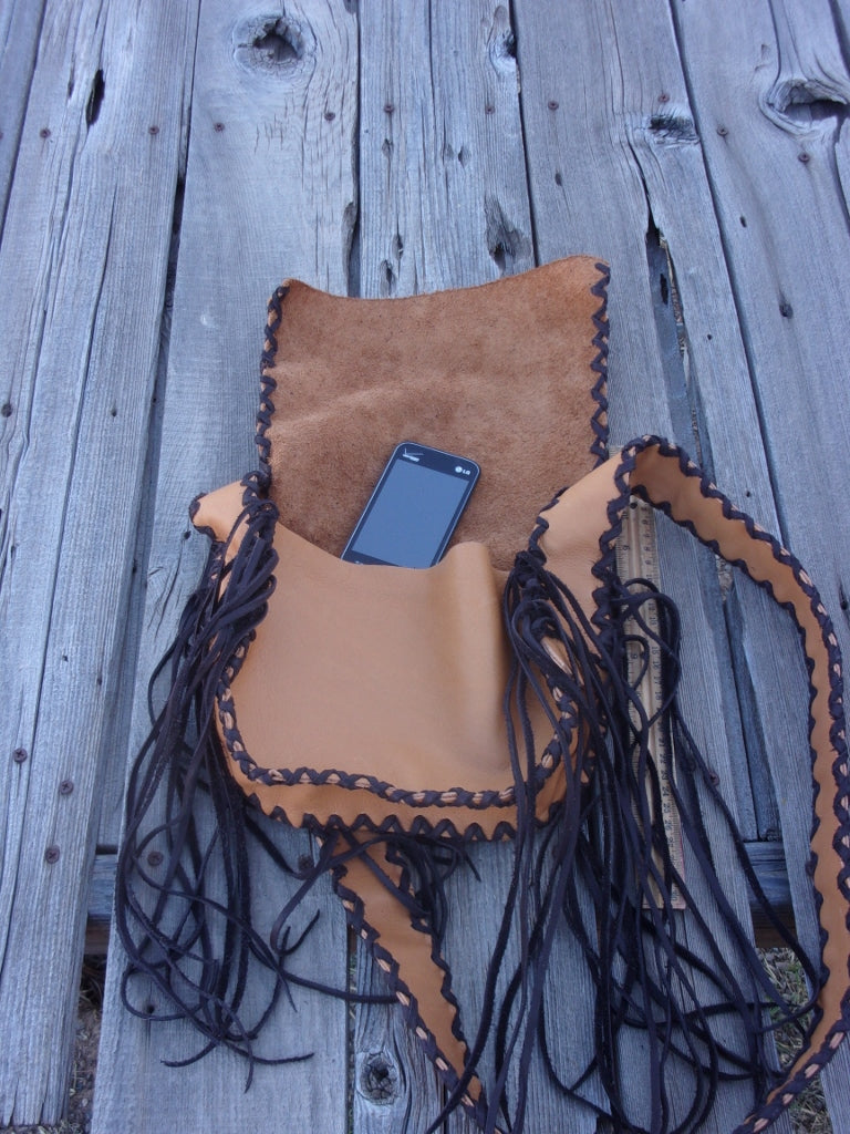 Leather crossbody handbag with fringe, leather boho purse