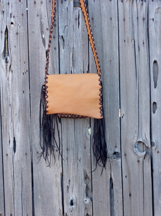 Leather crossbody handbag with fringe, leather boho purse