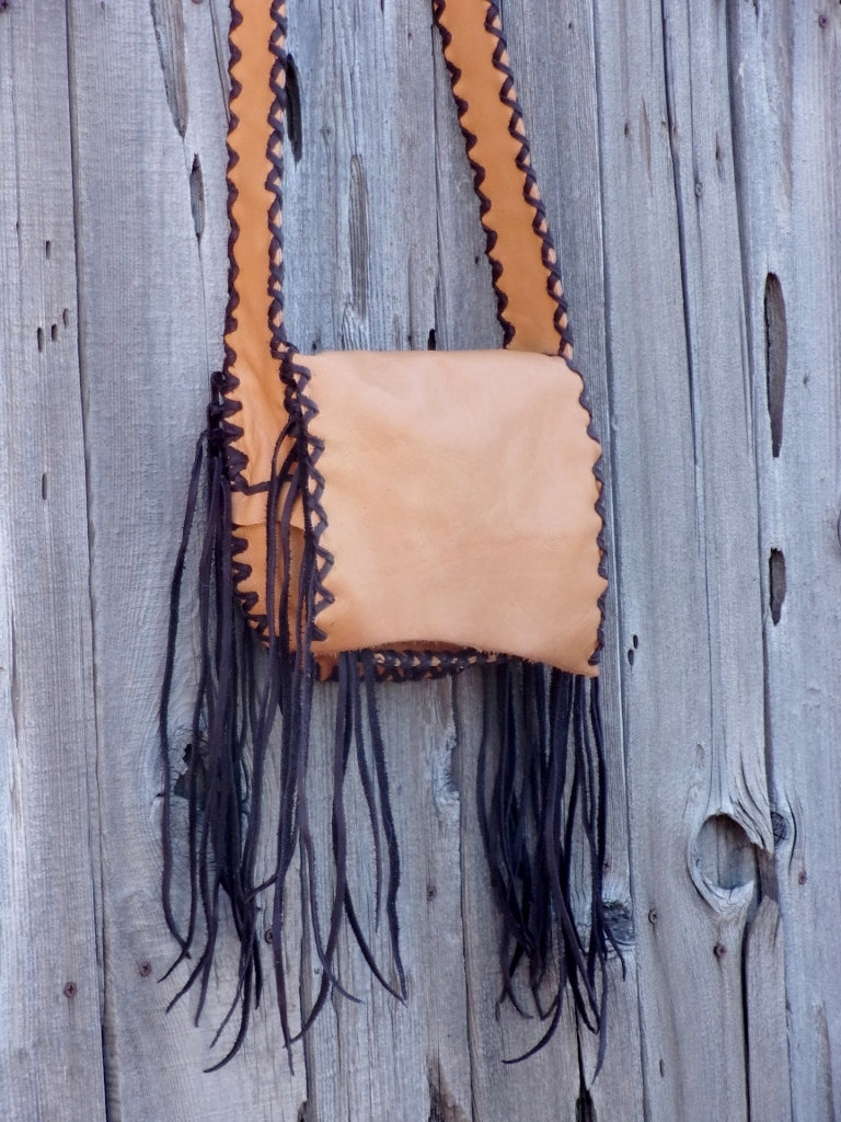 Leather crossbody handbag with fringe, leather boho purse