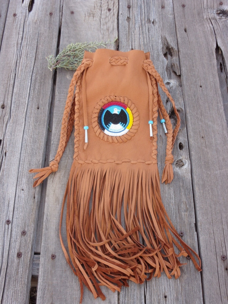 Fringed medicine bag , cedar bag , beaded eagle, 4 directions medicine wheel , made to order