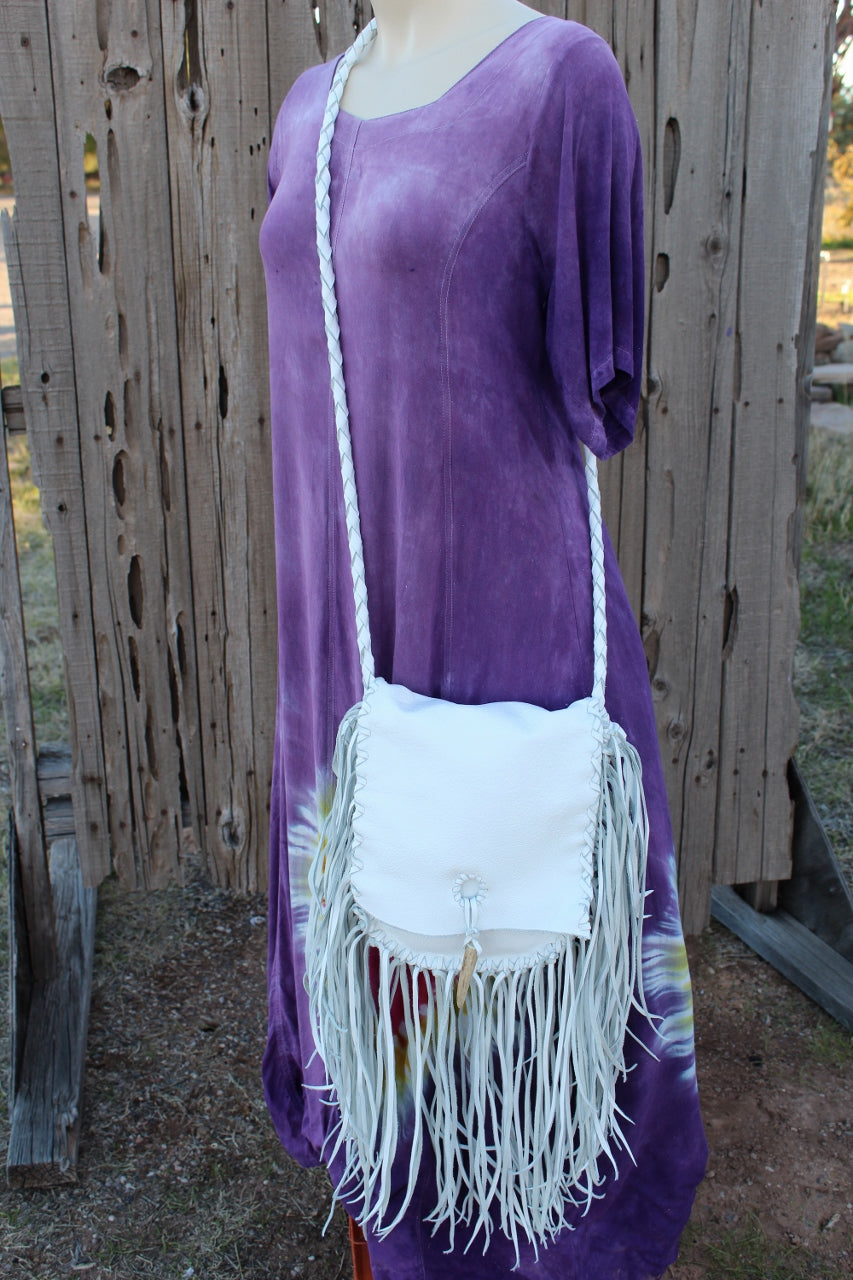 Fringed white leather handbag, boho style purse, leather bag