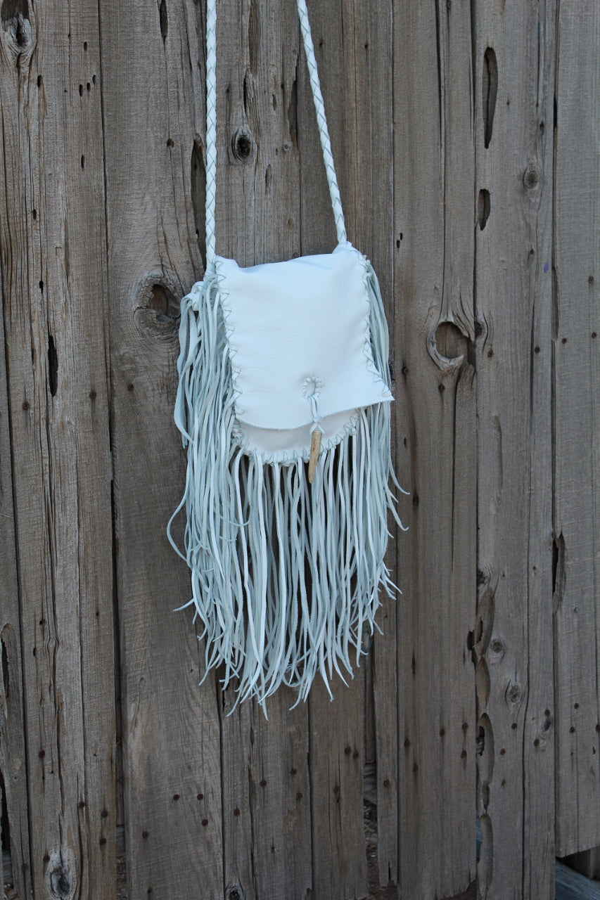 Fringed white leather handbag, boho style purse, leather bag