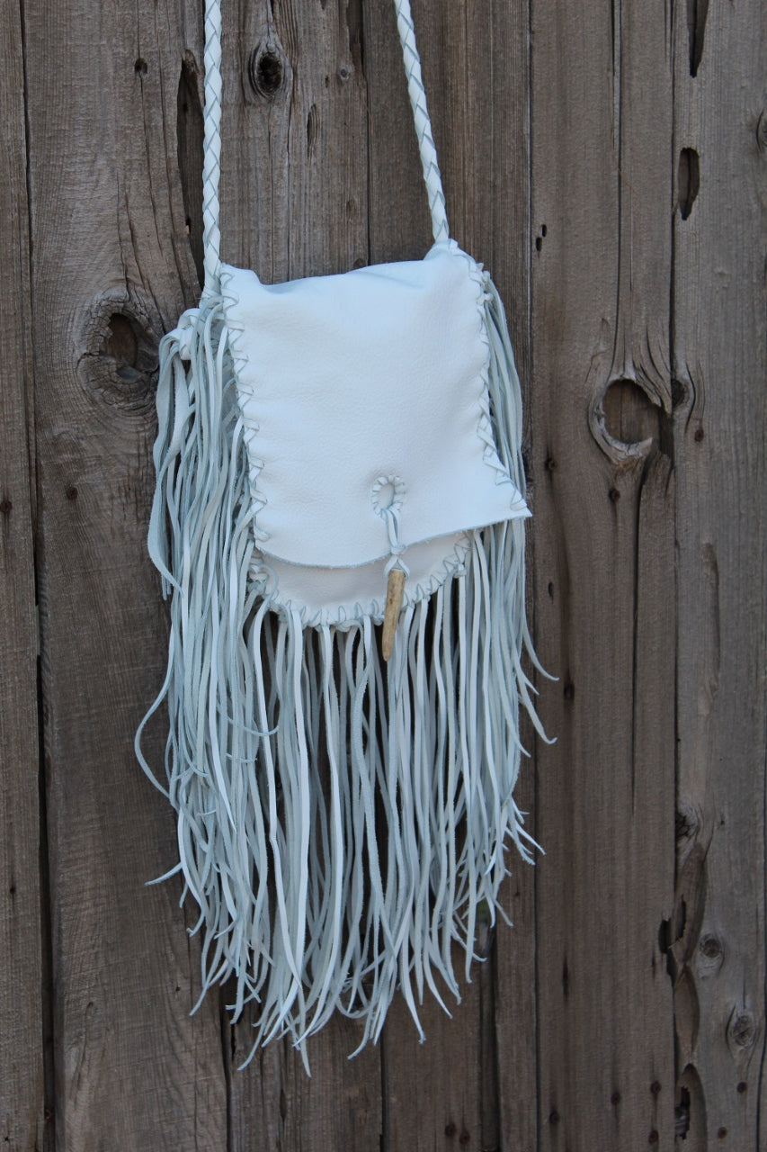 Fringed white leather handbag, boho style purse, leather bag