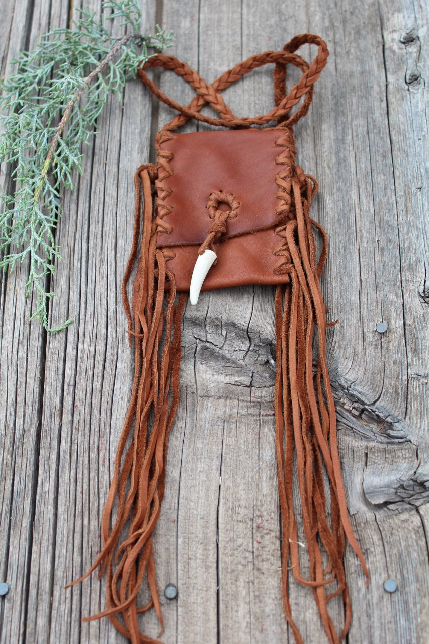 Fringed leather amulet bag, necklace bag