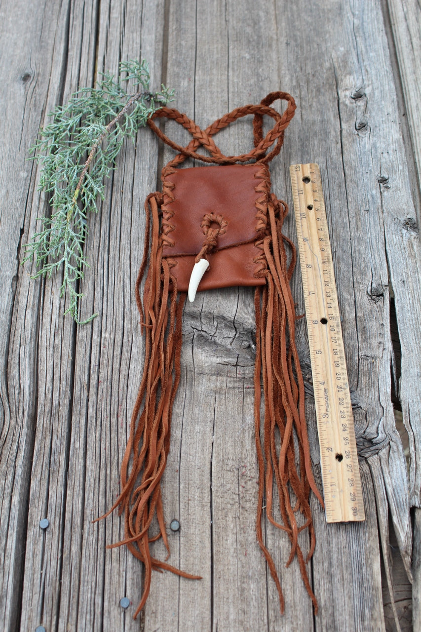 Fringed leather amulet bag, necklace bag