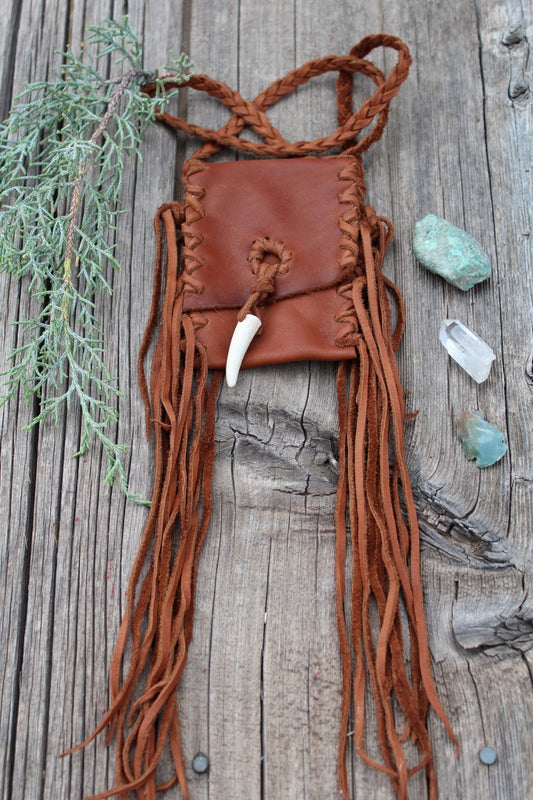 Fringed leather amulet bag, necklace bag