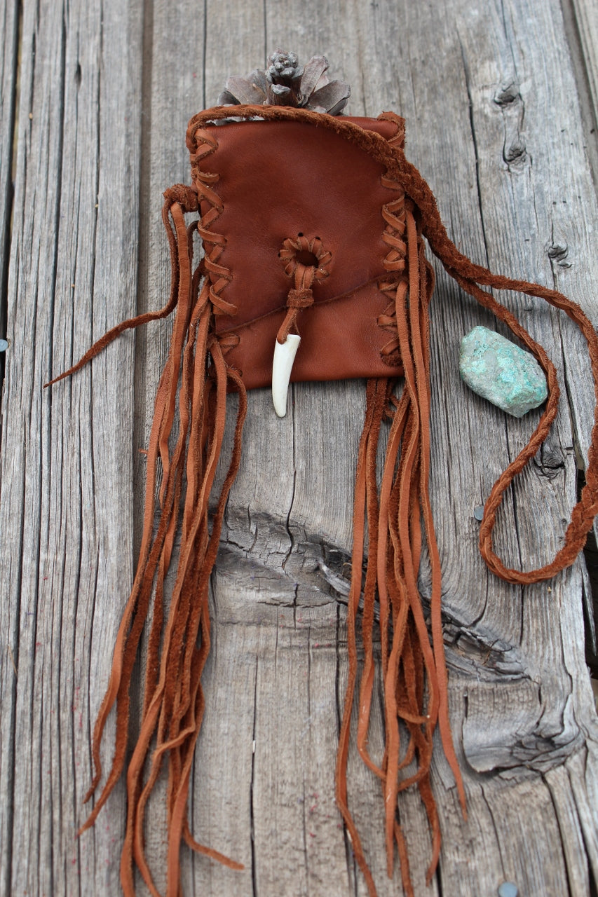Fringed leather amulet bag, necklace bag