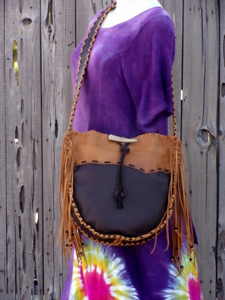 Handmade leather tote, fringed tote