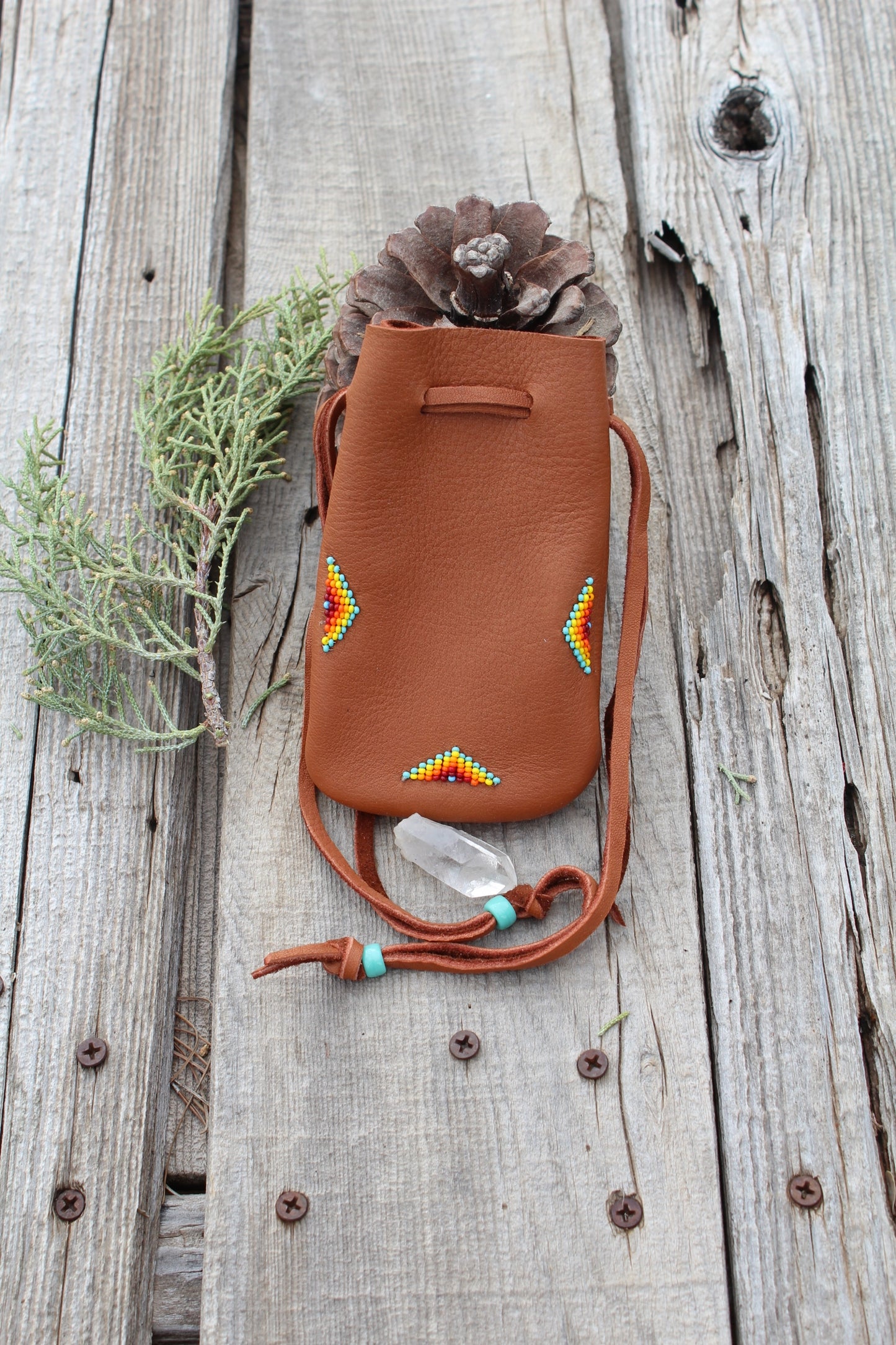 Leather medicine bag, beaded drawstring pouch
