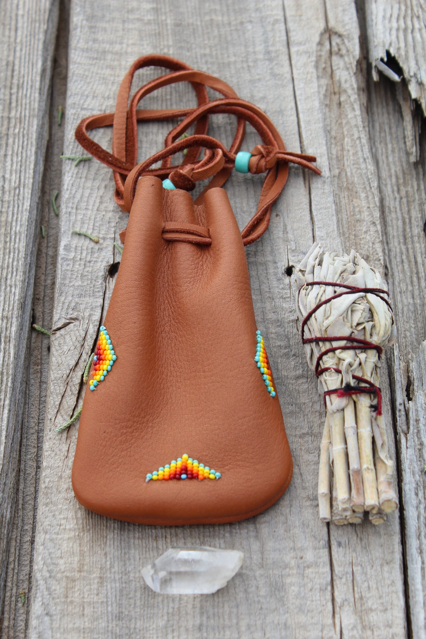 Leather medicine bag, beaded drawstring pouch
