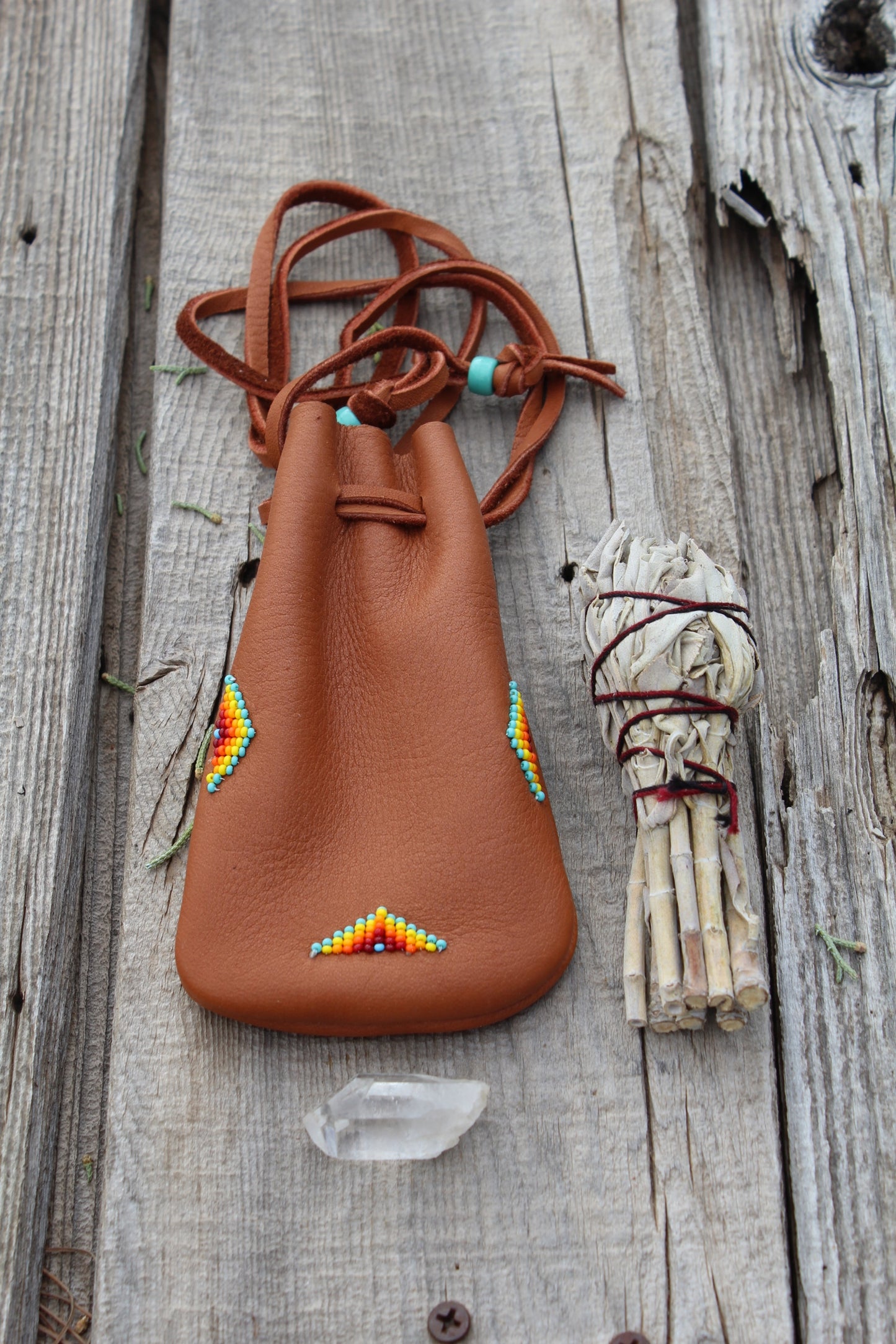 Leather medicine bag, beaded drawstring pouch