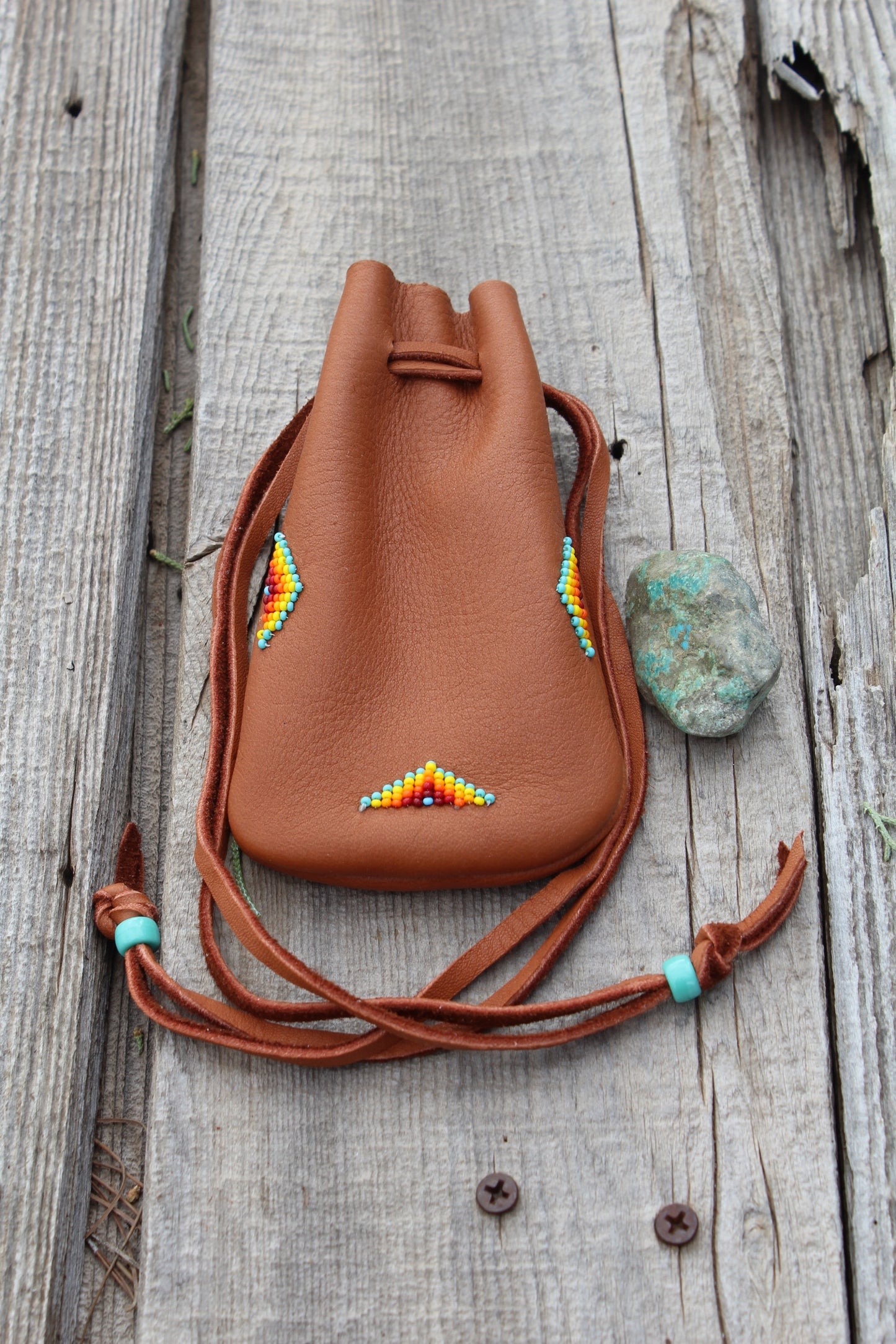 Leather medicine bag, beaded drawstring pouch