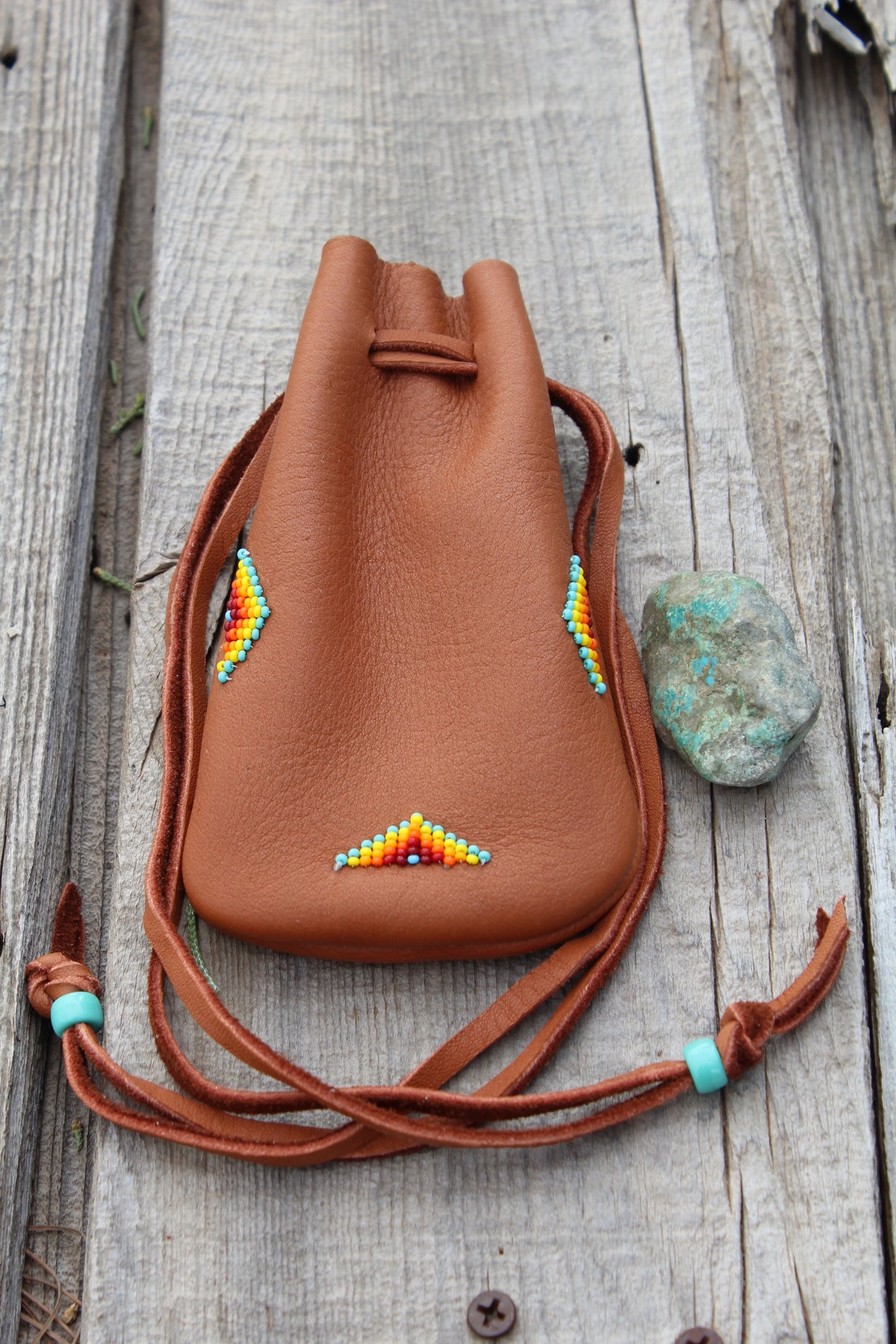 Leather medicine bag, beaded drawstring pouch