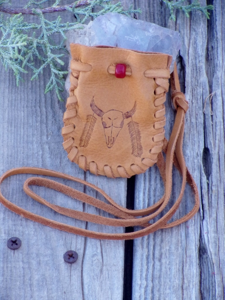 Handmade leather medicine bag , buffalo medicine pouch , buffalo eagle feather totem