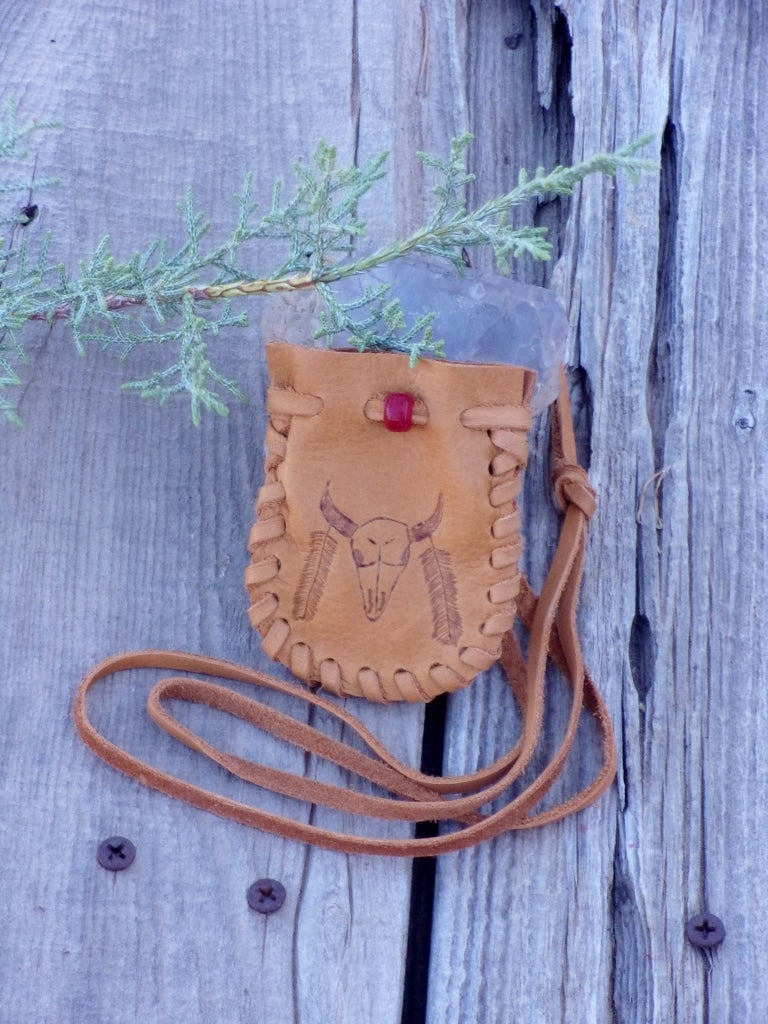 Handmade leather medicine bag , buffalo medicine pouch , buffalo eagle feather totem